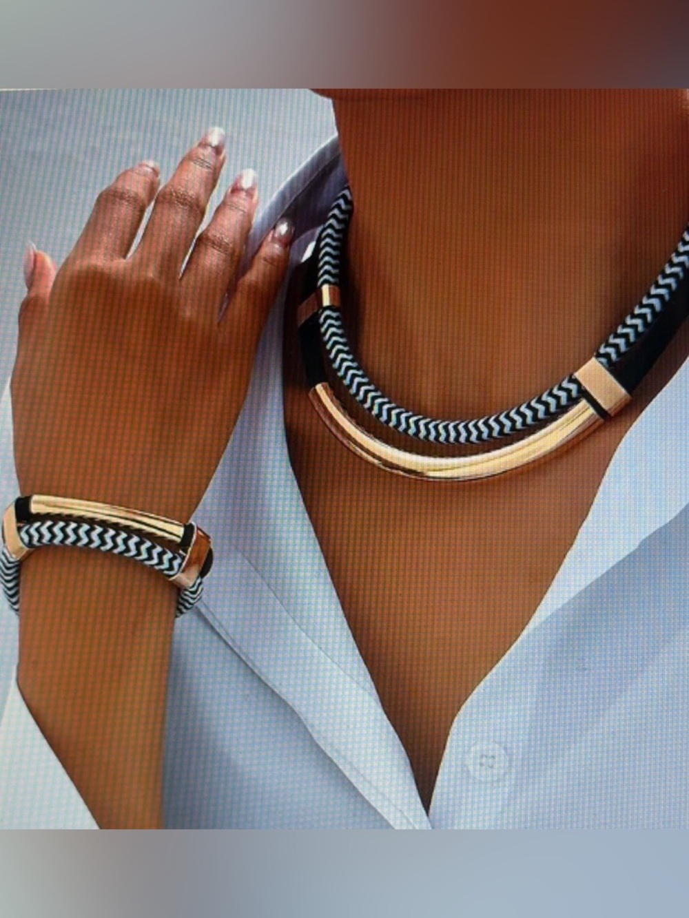Chloe Montclair Braided Black/White/Gold Necklace + Bracelet NWT